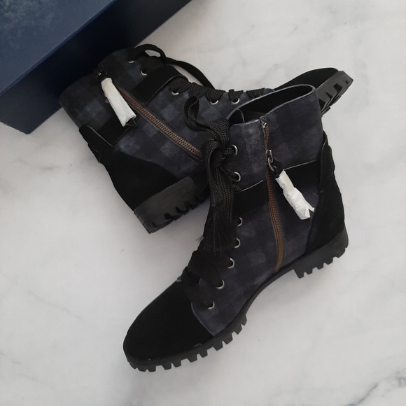 Splendid Celine Plaid Black Grey Combat Boots - Picture 1 of 6